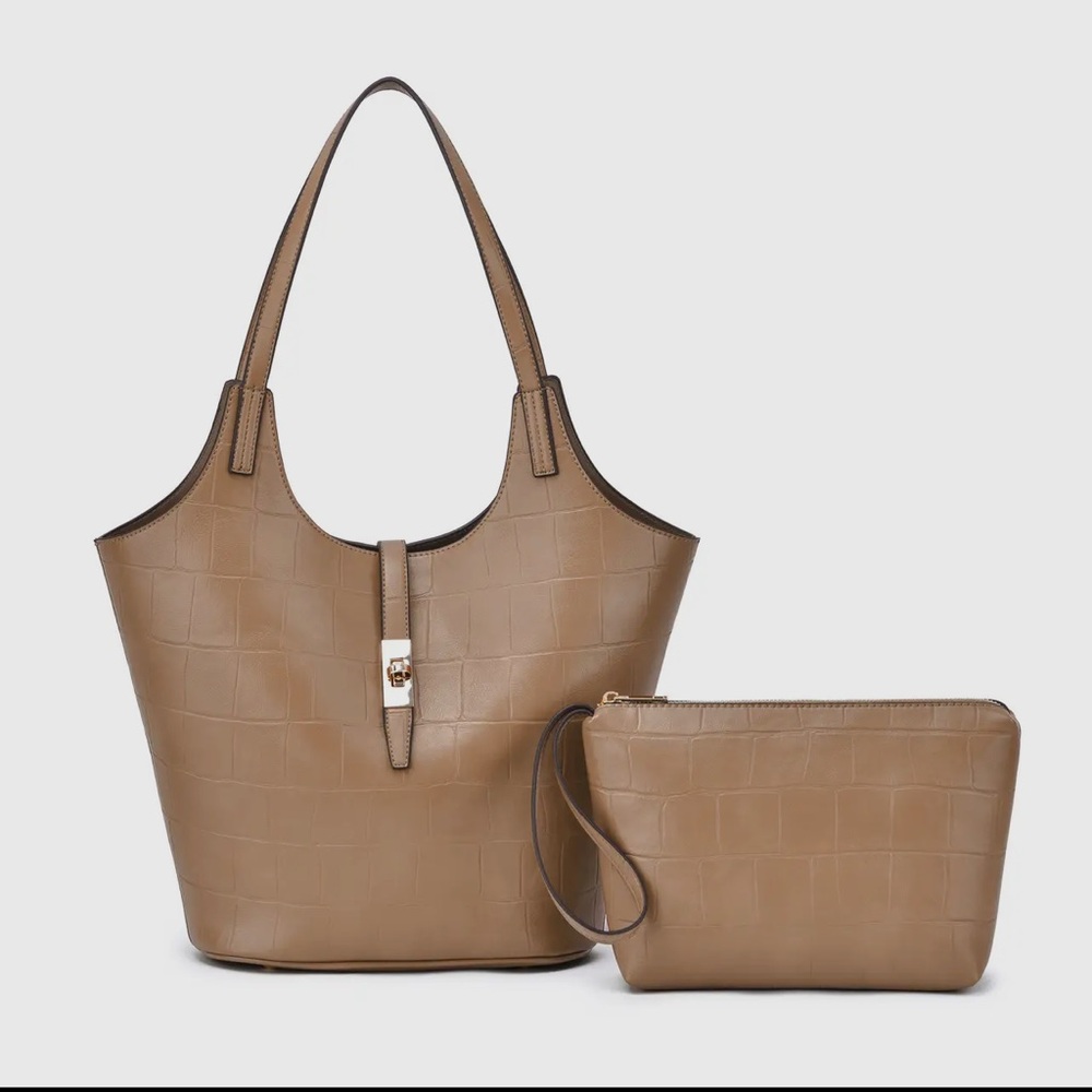 Clio 2-in-1 Croc Embossed Tote in Latte